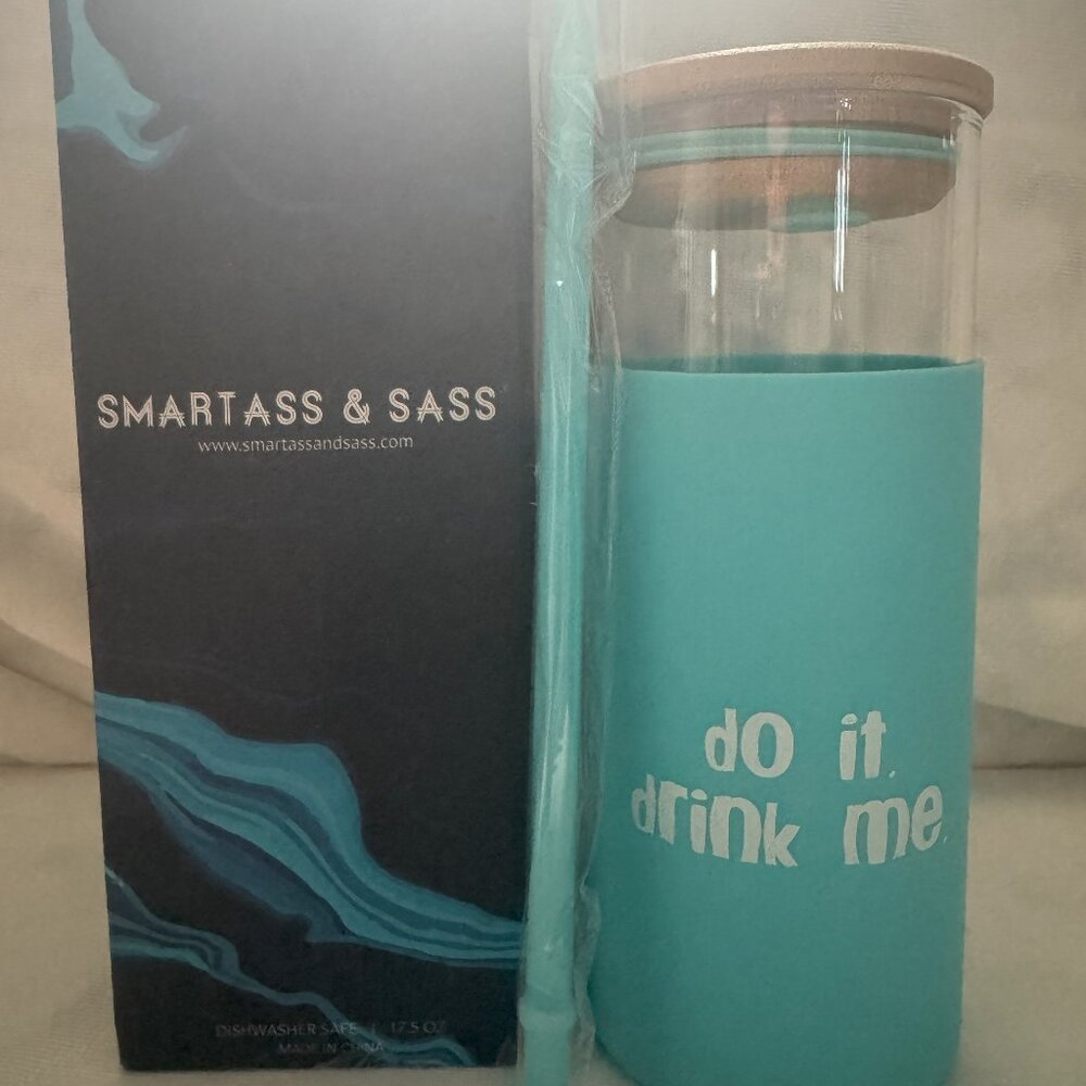 “Drink Me” Water Bottle with Silicone Sleeve & Straw